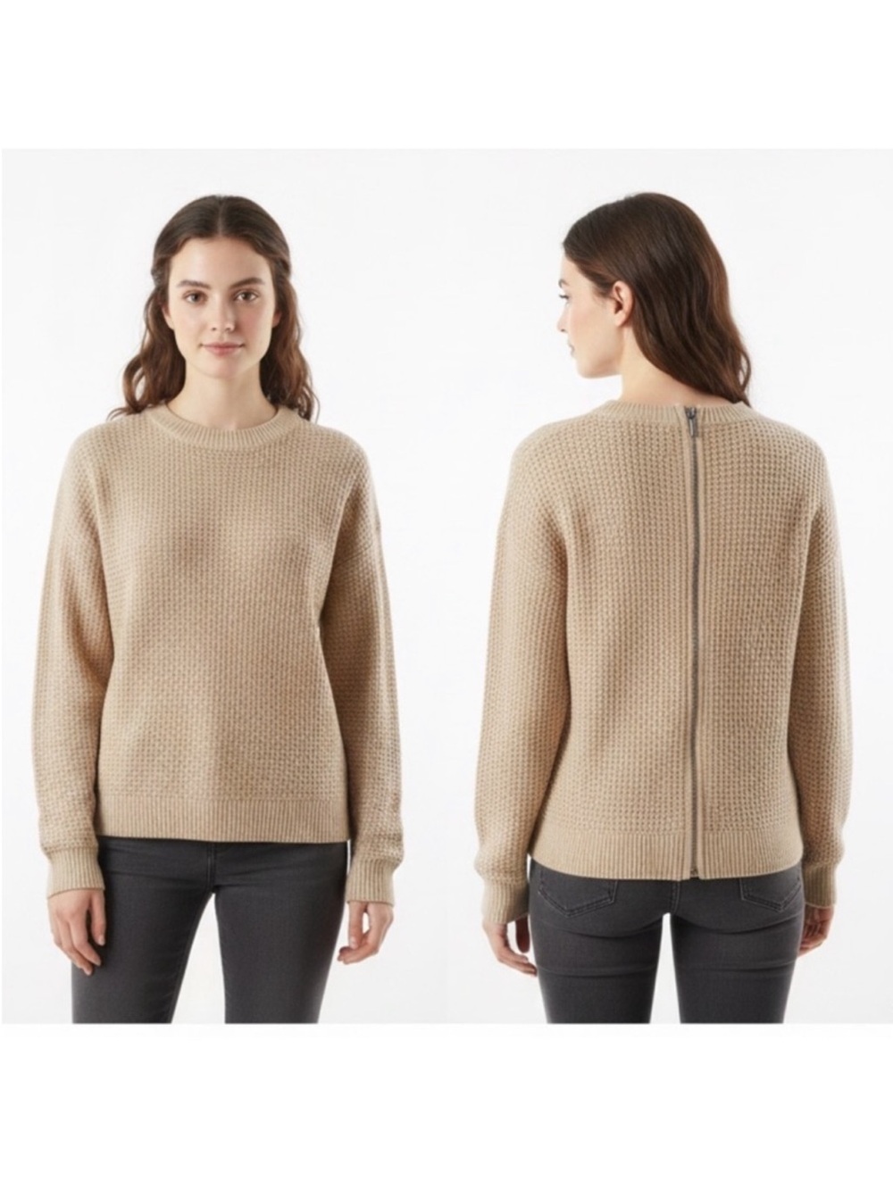 JEANNE PIERRE Beige Textured Crewneck Sweater with Back Zip
